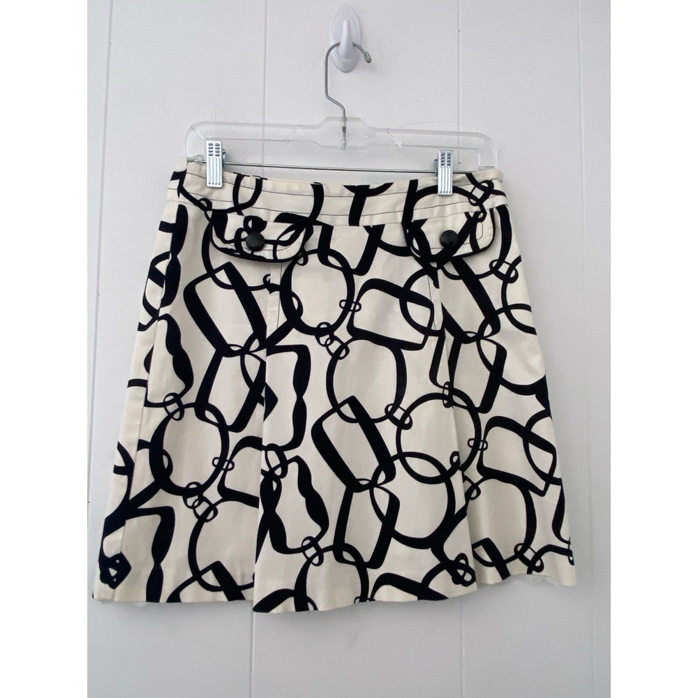 Trina Turk Size 4 Black & White Geometric Chain Link Print Skirt Lace Hem